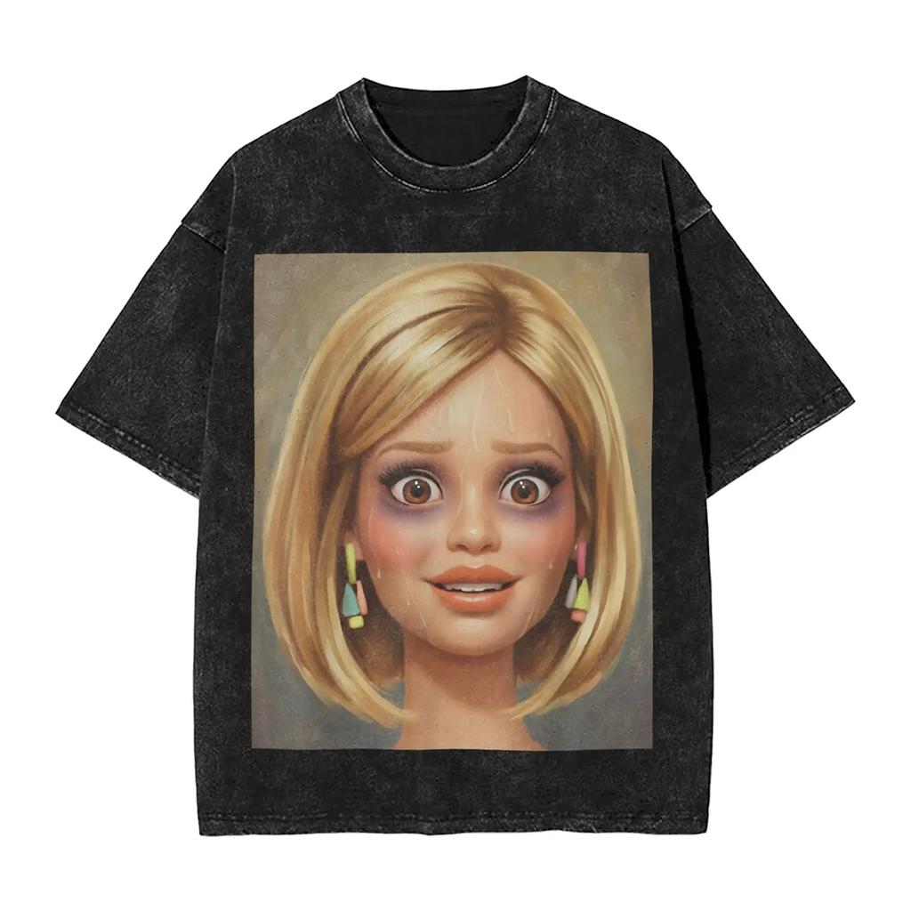 Distressed Doll Face Graphic Print Funny Meme Harajuku Fashion Tshirt Women Men Vintage Washed Oversized Top Cotton Summer Tees