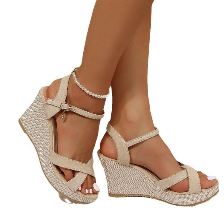 Large Size Thick-soled Wedge Heel Buckle Sandals Summer New Fish Mouth Out Open-toed Beach Women's Shoes