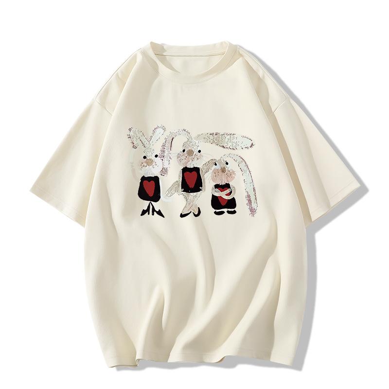 Ladies Summer Short Sleeve Round Collar Cartoon Rabbit Printed Loose Pullover Casual T Shirt Top