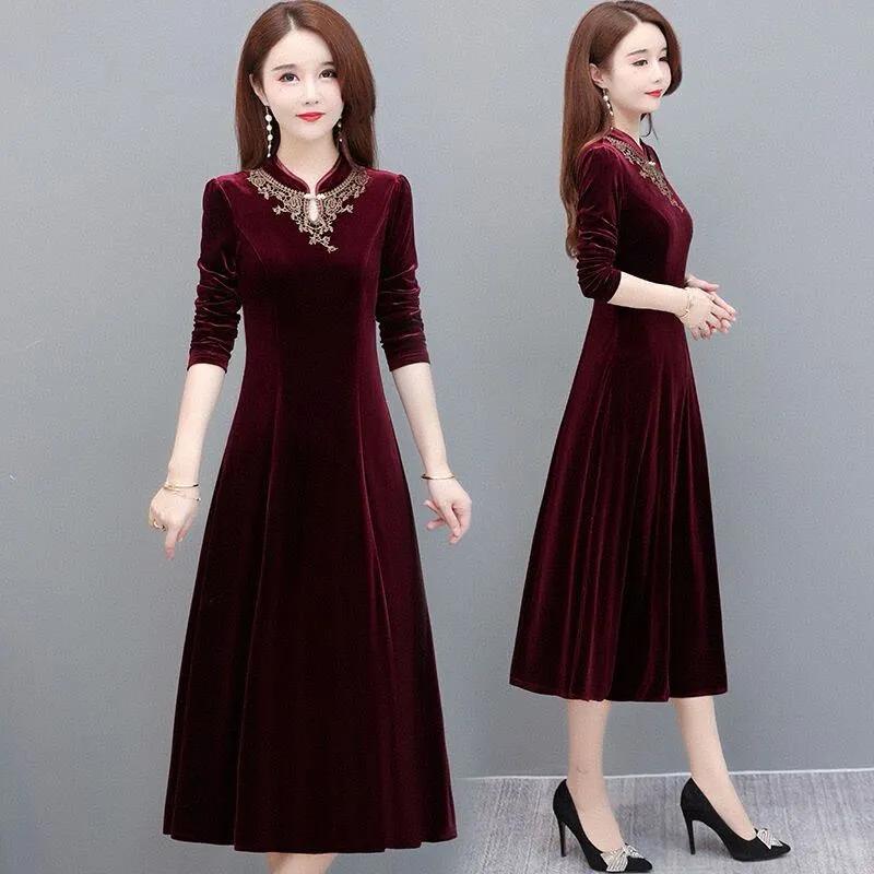 Women Autumn Winter Velvet Dress Lady Long Sleeve Party Velour Dress Casual A-Line Elegant Mid Long Dresses