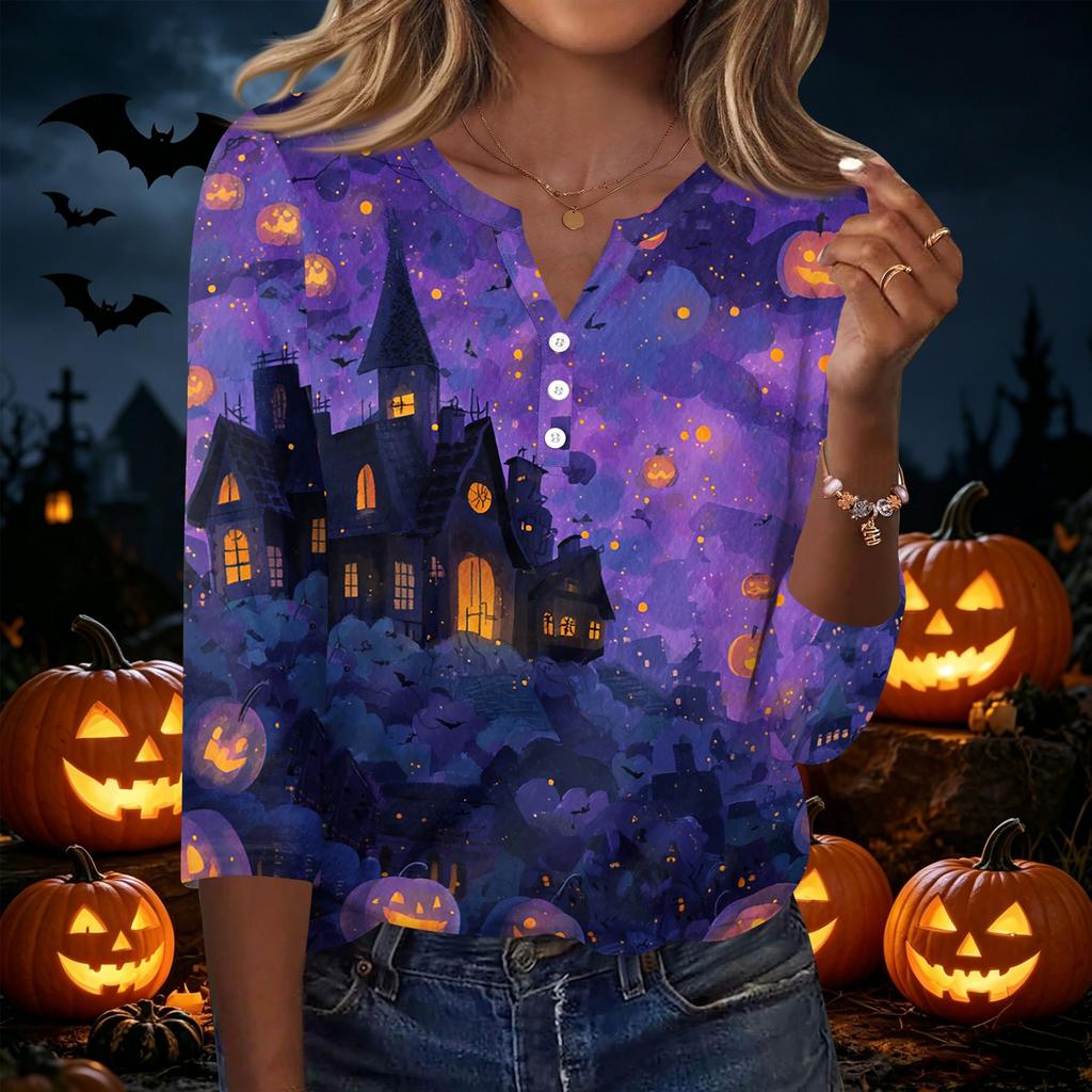 Women's Casual Halloween Print V Neck Button Front Three Quarter Sleeve T Shirt Top Lightweight Soft Fabric Comfortable Fit
