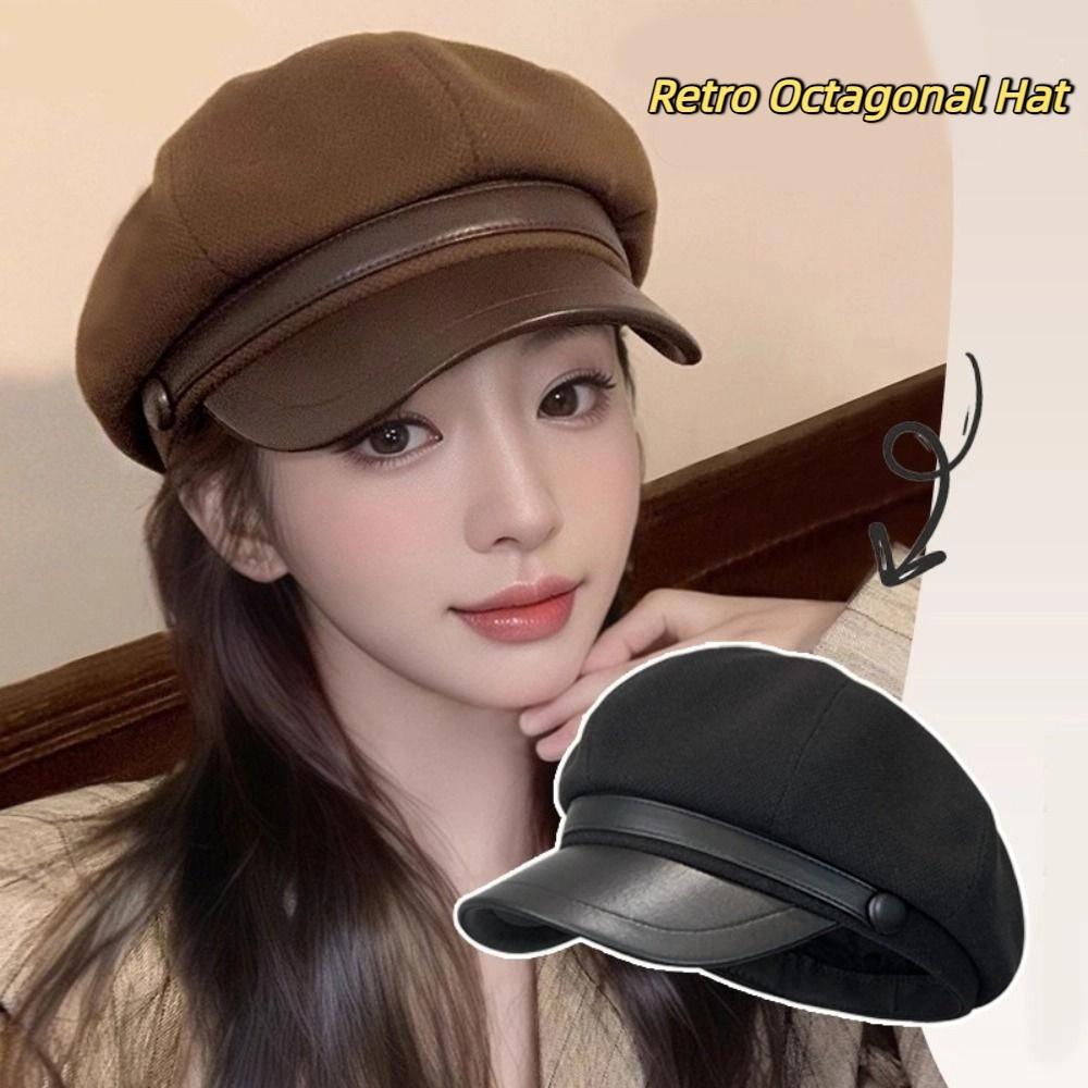 Retro Pu Leather Beret Korean Style Painter Hat Fashion Wool Octagonal Hat  Streetwear