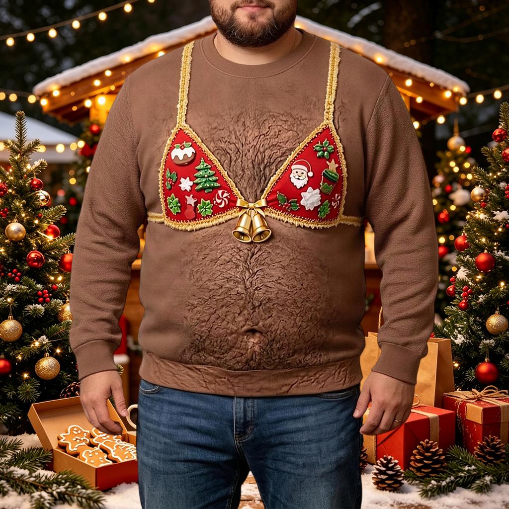 Men's Corduroy Long Sleeve Neck Christmas Print Pullover Top