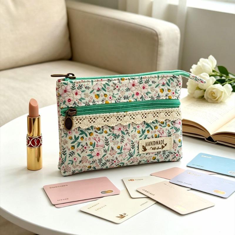 Japanese Floral Canvas Coin Purse Double Zipper Wallet Small Card Holder Cash Pouch Multi Pocket Change Purse for Women