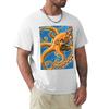 Tangerine Oktopus auf Blauem Hintergrund T-Shirt Funktional Lässig Kurzarm Tee
