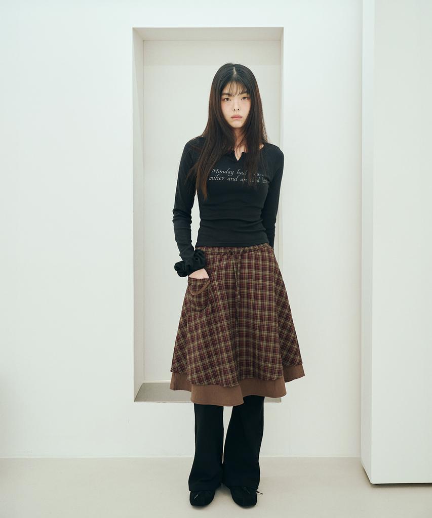 Mihebeu Check Pocket Midi Skirt Burgundy Brown