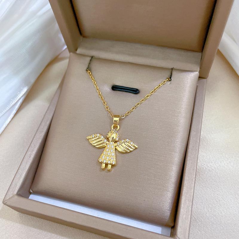 Engel Kleines Mädchen Leichter Luxus Temperament Wunderschöne Voll Diamant Halskette Damen Vielseitige Schlüsselbeinkette Titanstahlkette