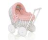 Weißer Weidenpuppenwagen mit Schieber und einem weichen staubigen Rosa Futter
