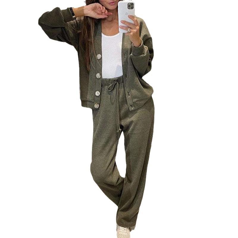 Women's Casual Solid Color Cardigan Jacket & Wide-Leg Pants Two-Piece Sportswear Set - Autumn/Winter Collection