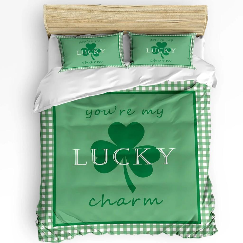 St. Patrick'S Day King Queen Bedding Set Lucky Shamrocks Duvet Cover Irish Clover Celebration Day Party Polyester Quilt Cover
