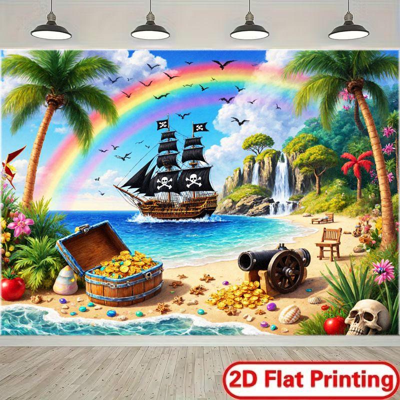 2D Plane a Magnificent and Fantastical Beach Scene Background Reflecting the Theme of Treasure and Adventure Polyester