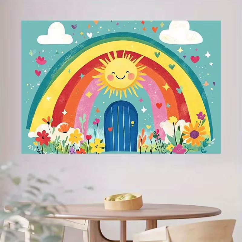 2D Cartoon Rainbow Backdrop, Smiling Sun & Flowers Photography Background for Kids Party