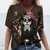 Summer V-neck 3D Flower Skeleton Printed Top Fashionable Casual Short Sleeved Women's T-shirts