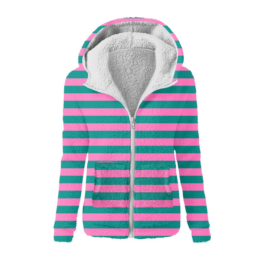 Women's Fashion Printing Sweatshirt Loose Hooded Plush Zip Up Jacket Top