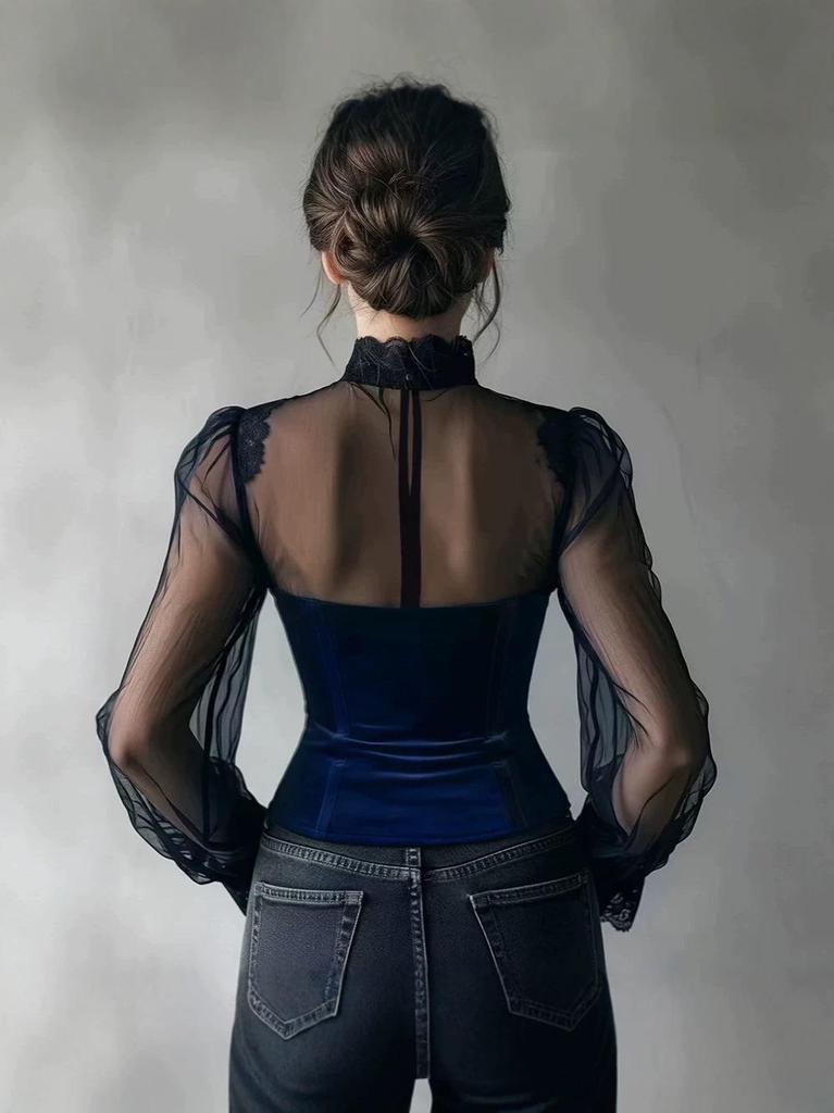 2026 Women's Elegant Spring/Autumn Mesh Splicing Waist-Cinching Hollow Out Top