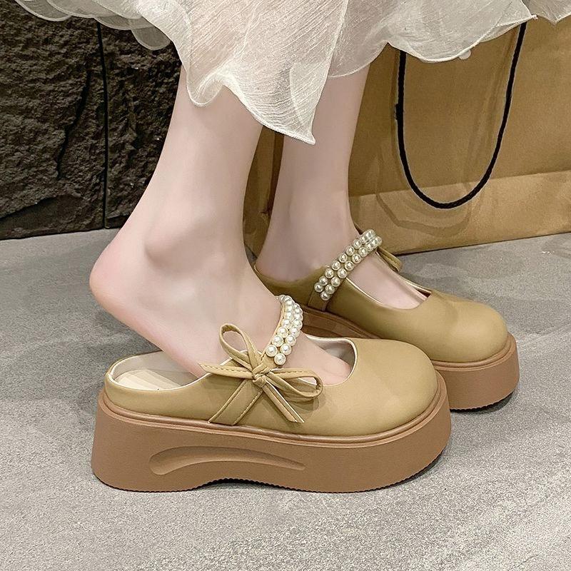 Pearl Round Toe Shoes Platform Women's Slippers and Ladies Sandals Medium Heel Slides Summer Footwear On Promotion Casual Shoe