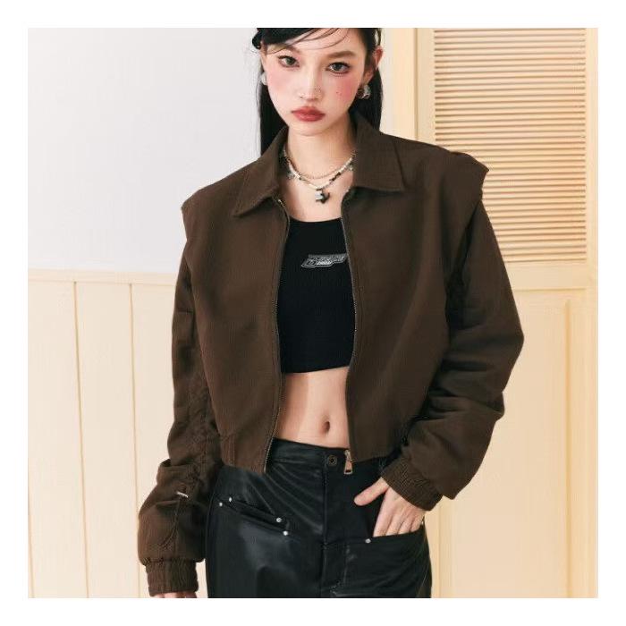 

Женская коричневая повседневная свободная куртка-бомбер на кулиске с ощущением высокого качества Small