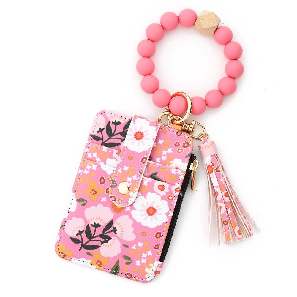 Pu Leather Silicone Bead Bracelet Keychain Boho Style Leather Card Bag Keychain  Fashion Wear