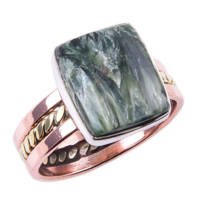 Natural Seraphinite Gemstone 925 Sterling Silver Jewelry Two Tone Ring S.10 t5Y00