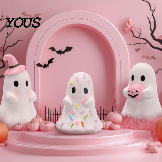Desktop Figurine for Kids Cute Halloween Ghost Resin Figurine, Candy Pumpkin Witch Hat Small Statue Desk Decor Girls, Pink White Kawaii Tabletop