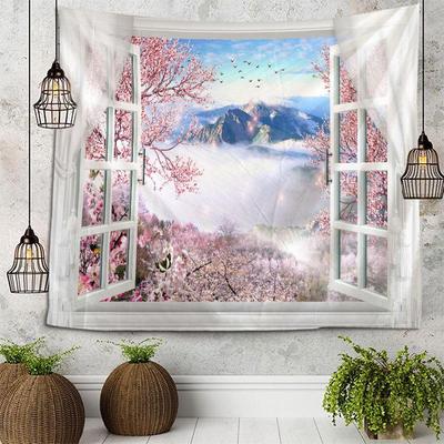 Fensterblick Hängende Wandteppich - Pflanzen & Blumen Malerischer Hintergrund für Schlafzimmer