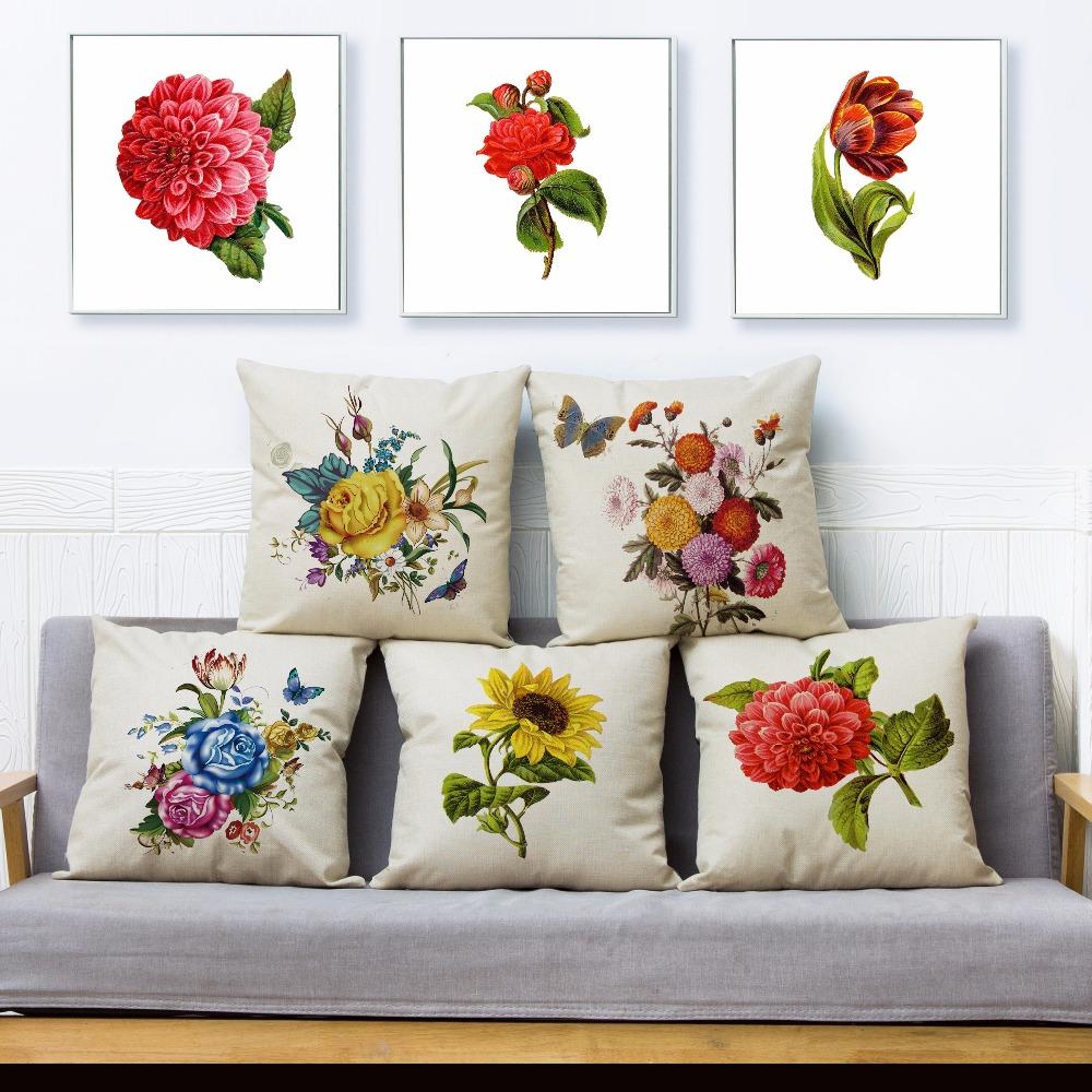 Beautiful Flower Floral Print Throw Pillow Cover 45*45cm Square Cushion Covers Linen Pillows