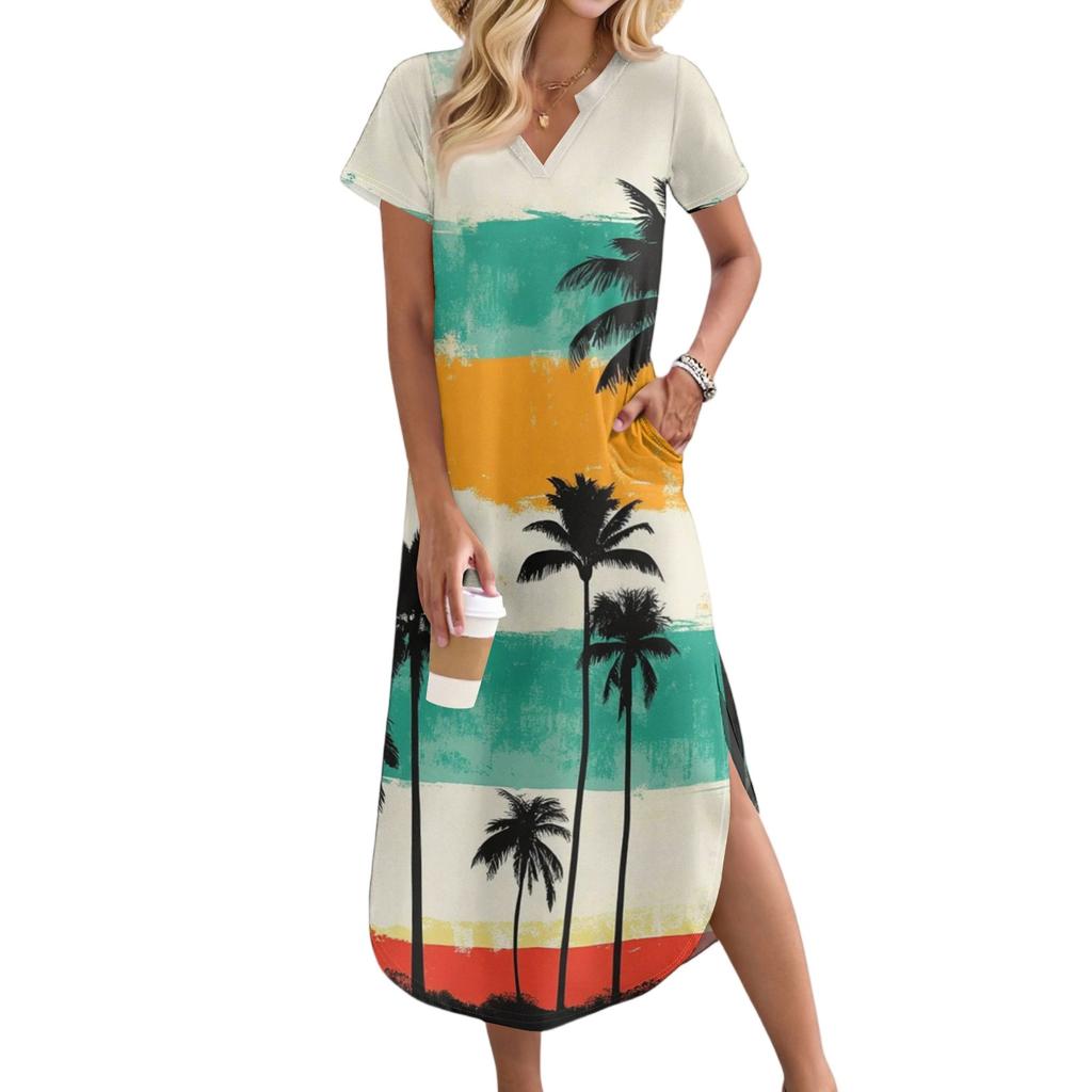 Women's Casual Comfortable V-Neck Loose Hem Split Vacation Short Sleeve Beach Long Dresses