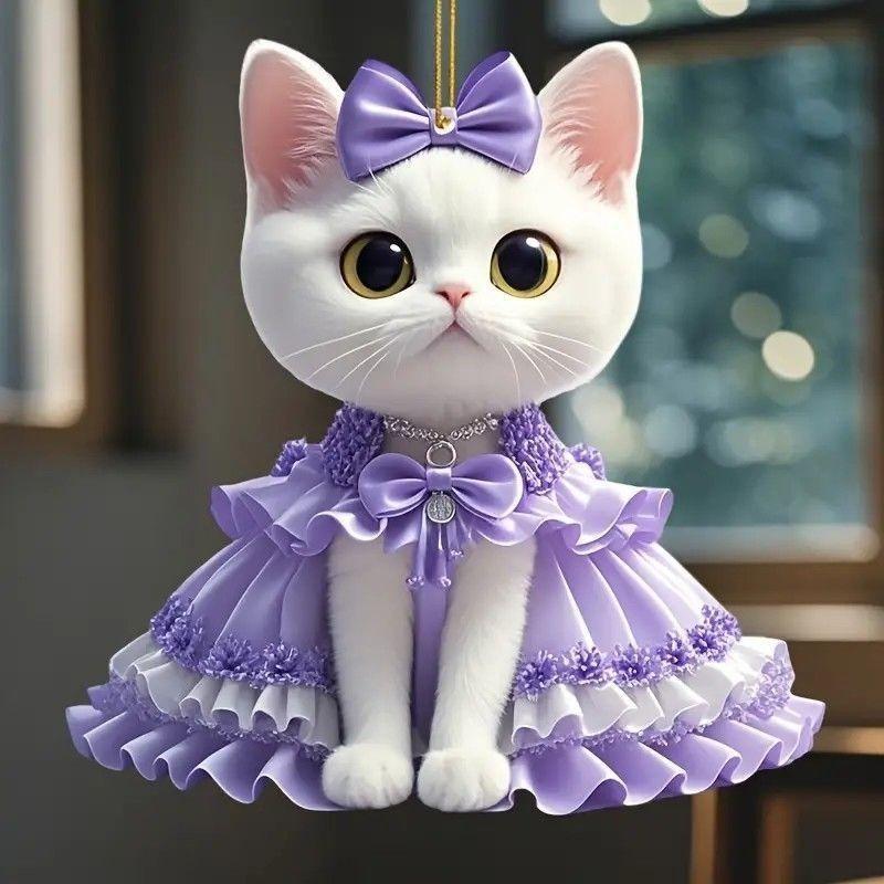 Cat Cute Purple Dress Pattern Acrylic Pendant For Car Accessories Decoration