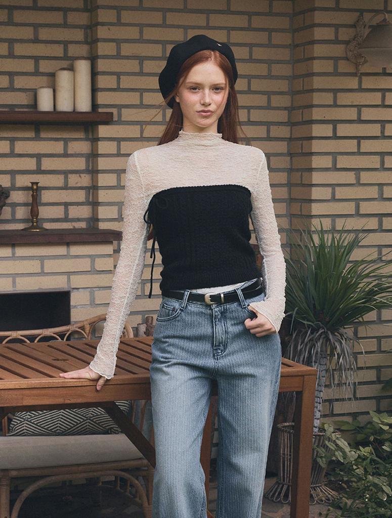 Teuwi Wooden See-Through Wrinkle Long Sleeve T-Shirt