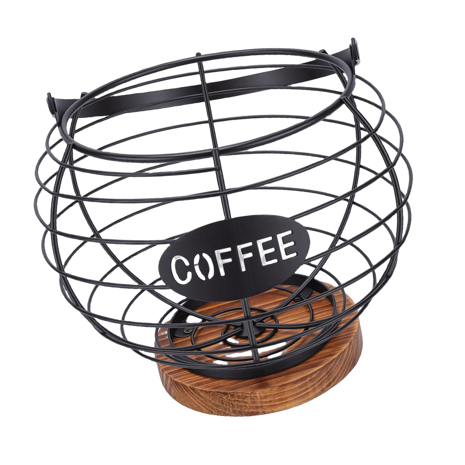 

Coffee Pod Holder Metal Grid Coffee Pod Storage Basket with Wooden Base for Kitchen Counter Desktop