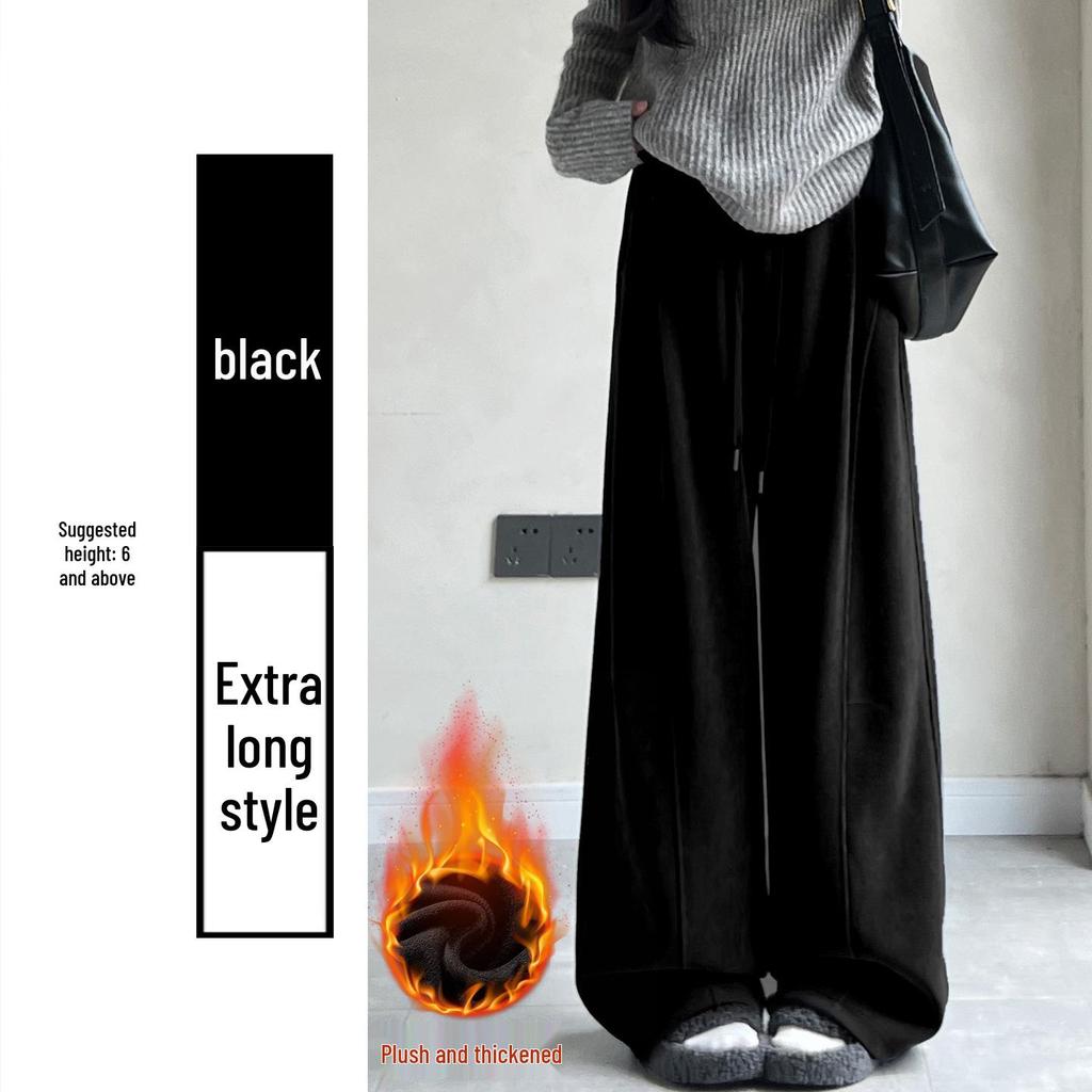 Women's High-Waisted Gray Corduroy Wide-Leg Pants - Autumn/Winter Plus Velvet Thickened Long-Leg Sports Sweatpants