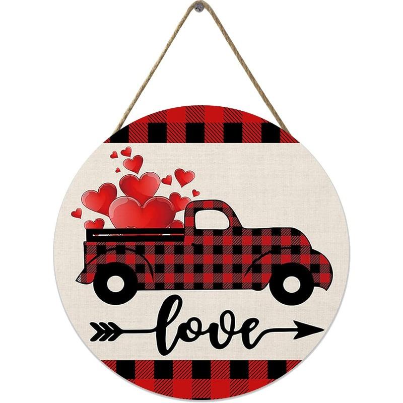 

Декоративная табличка на входную дверь с надписью «С Днем святого Валентина», деревянная подвеска на дверь в виде сердца в виде красного грузовика фермерского дома, венок из дерева в черно-красную клетку буйвола