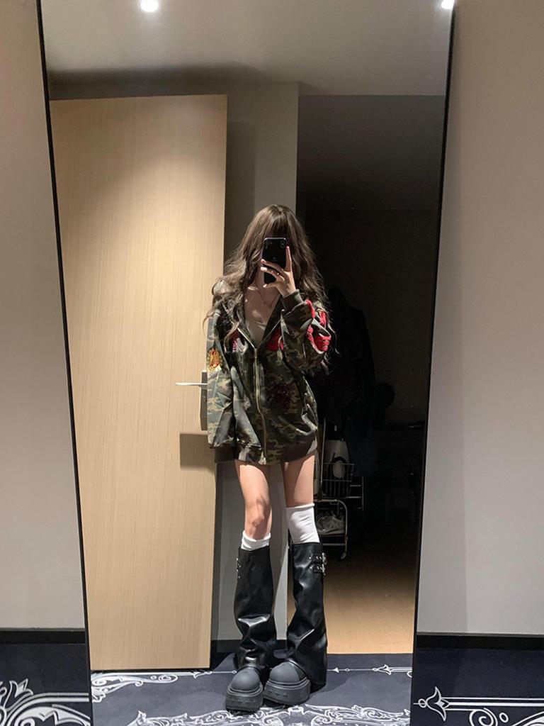 Damen Oversized Camouflage Kapuzen-Sweatshirtjacke, Koreanischer Stil, Frühling/Herbst 2025.
