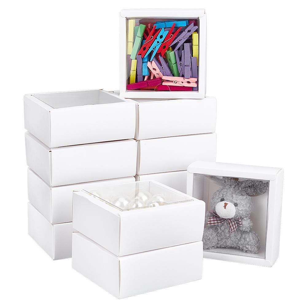15sets Foldable Square Paper Storage Gift Boxes Paper Packaging Cases with PVC Visible Window White 11x11x4.5cm