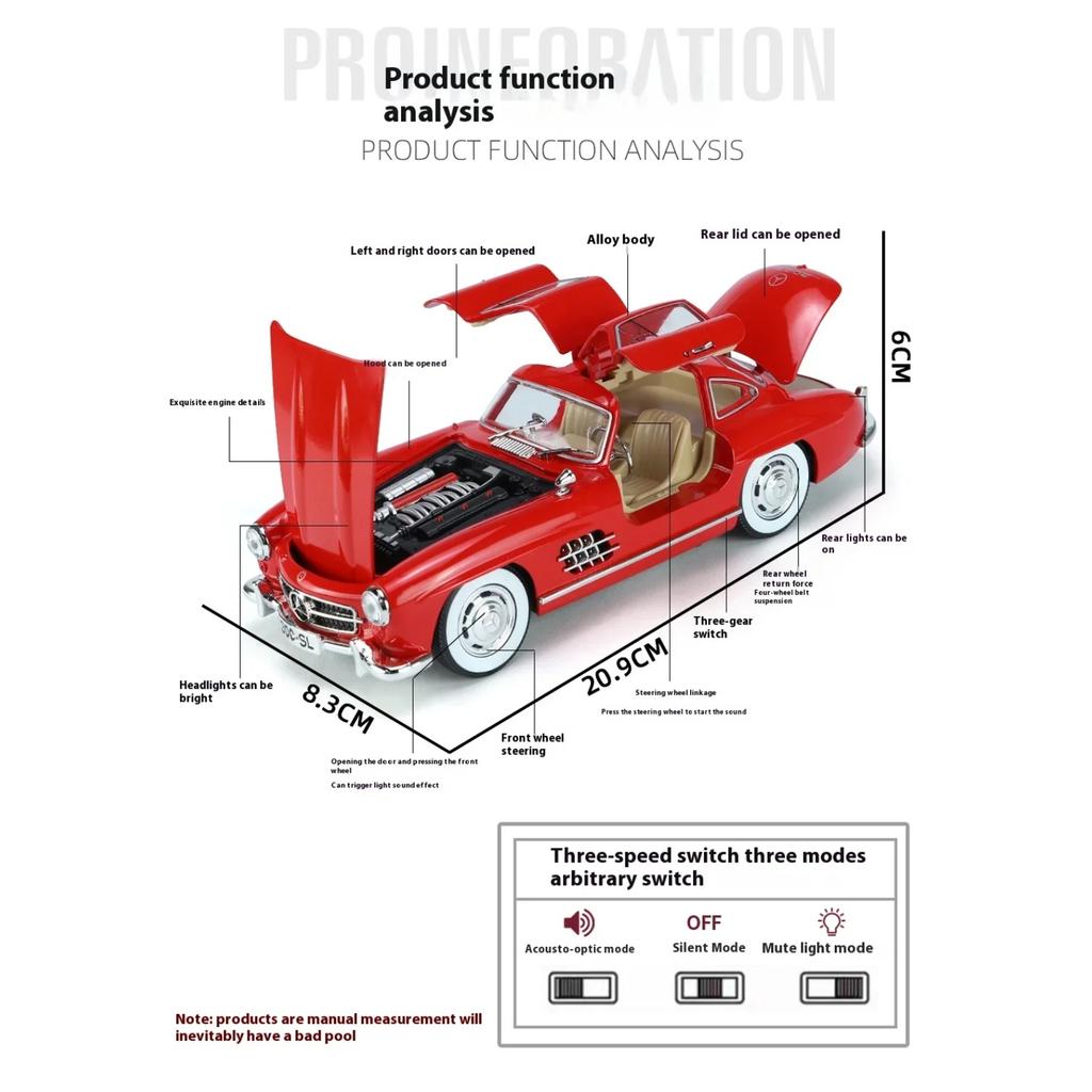1/24 Mercedes-Benz 300SL 1936 Classic Car Legering Diecast Bilmodell Lyd Lys Barneleke Samleobjekter Hobby Bursdagsgaver