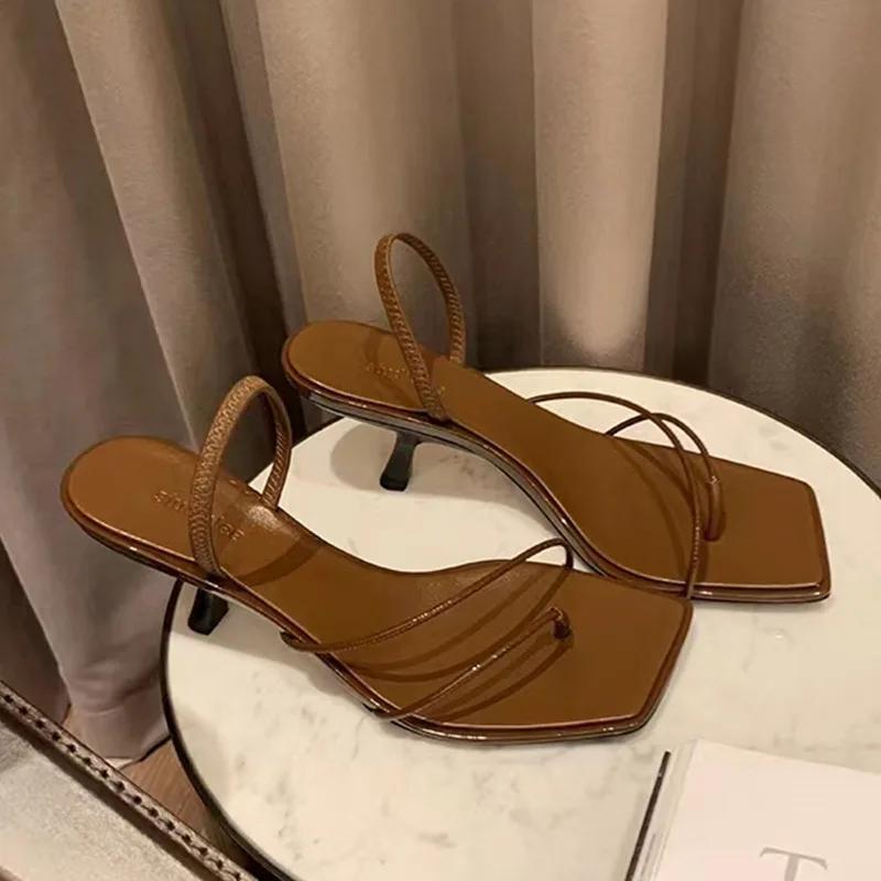 Fashion 2025 New French Fine Strap Square Head Design Sandals for Women's Summer Sexy Open Toe Clip Toe High Heel Shoes