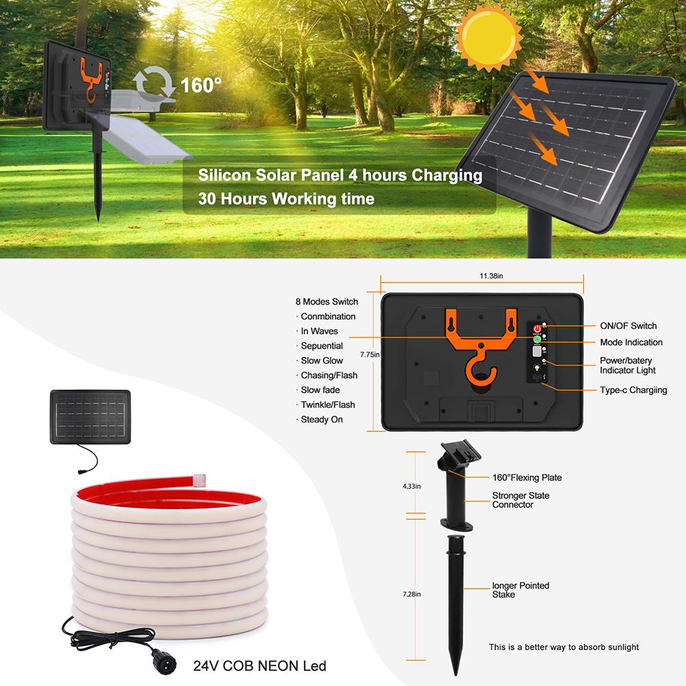 Solar COB Neon Light Strip 24V Ribbon Tape High Density Waterproof Red Green Blue Warm Natural White 320LEDs/M Flex Garden Decor