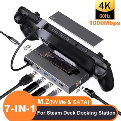 7 In 1 Type C Docking Station for Steam Deck M.2 SSD NVMe SATA 4K@60Hz Type C To HDMI Adapter PD 100W RJ45 1000Mbps Gigabit Ethernet USB3.0 Hub