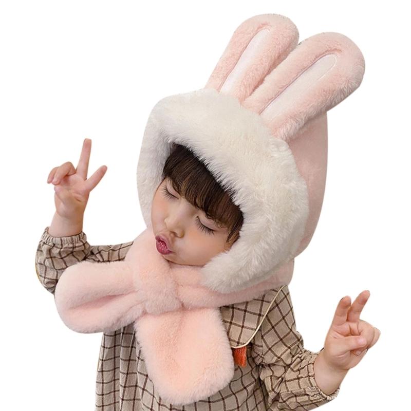 Kids Winter Hat Warm Plush Scarf Hats Thick Earflap Hooded Caps with Rabbit Ears Decoration for Boys Girls Ages 3-8