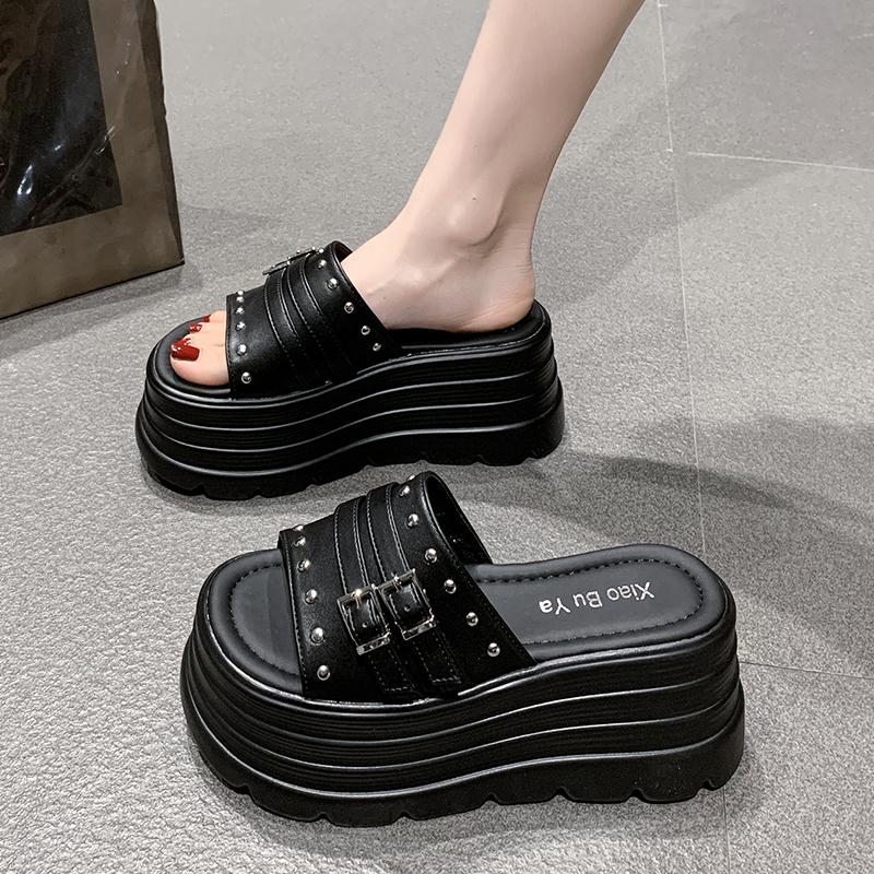 

Fashionable Wedge Heel Slippers Summer New Round Head Riveted Metal Belt Buckle Waterproof Platform High Heels 34 чорний