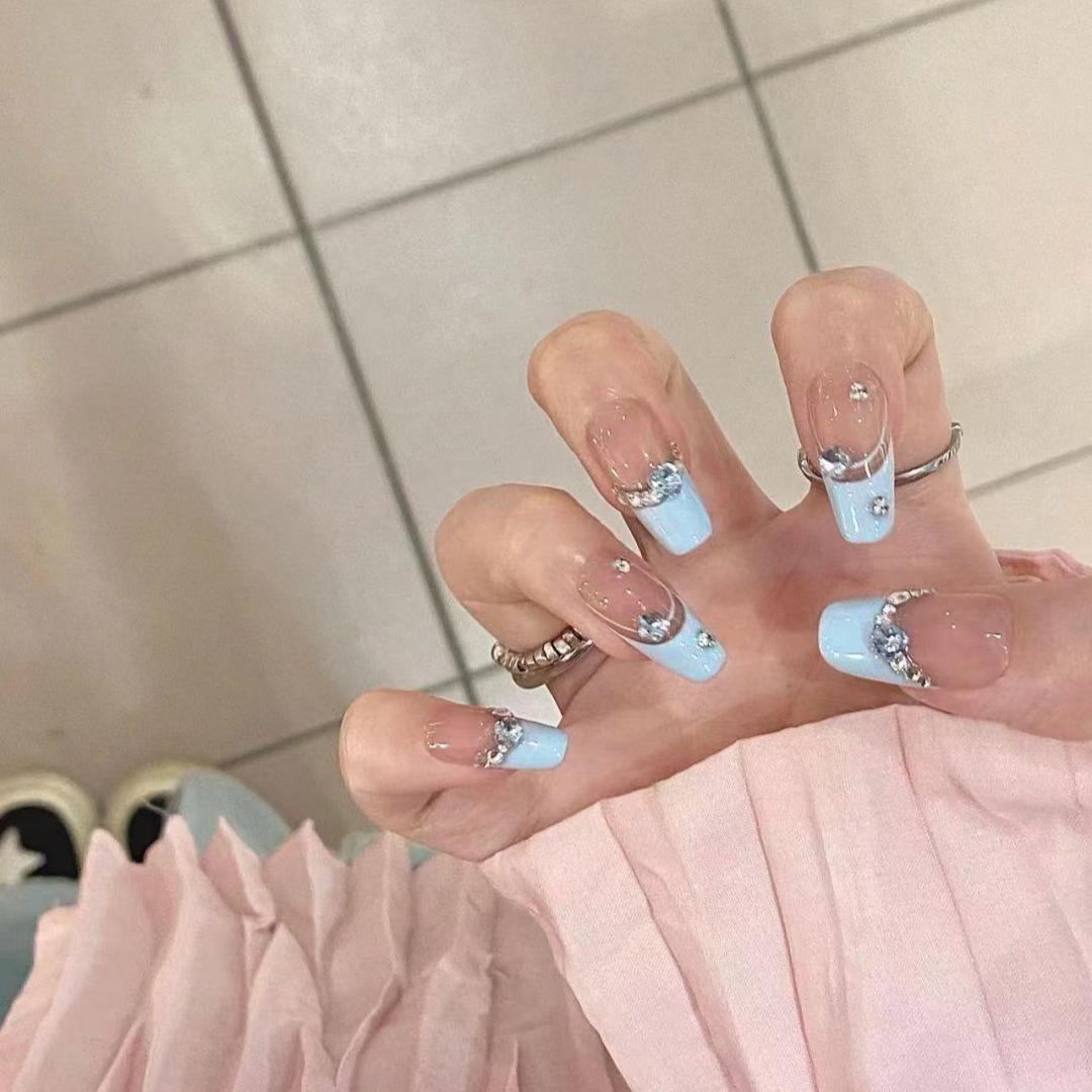 

B644 French Removable Nail Art - Little Red Book Flashy False Nails B644-Light Blue Glitter Diamond [Glue Version]
