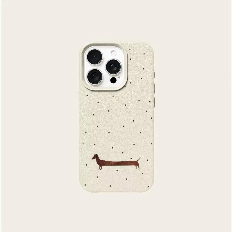 Black Polka Dot Sausage Dog Lychee Texture Phone Case For iPhone 17 Air 16 E 15 14 13 12 11 Pro Max Plus SE Soft Cover