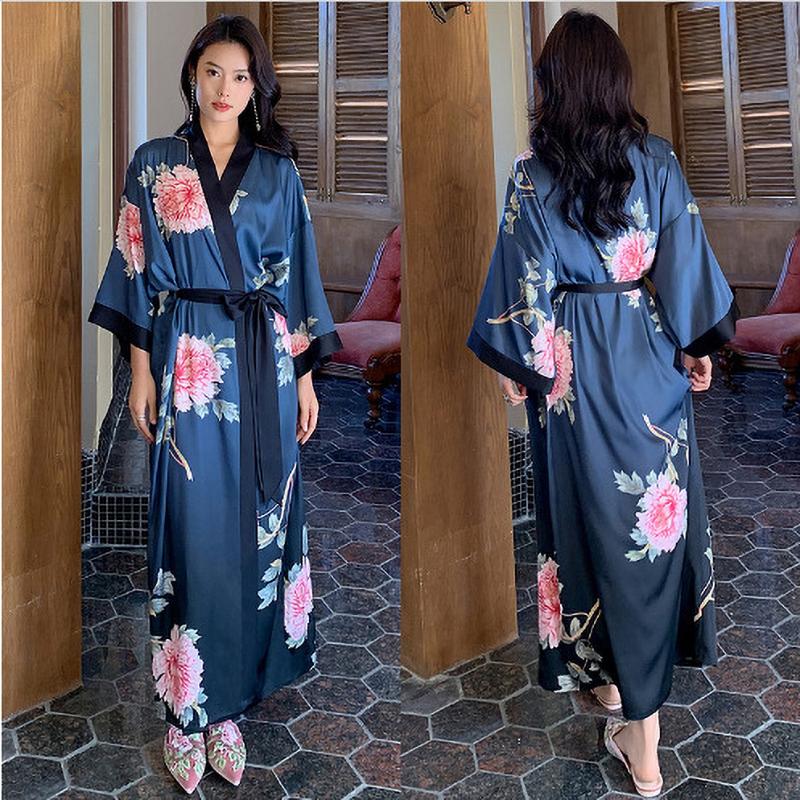 Spring Summer Long Robe Nightgown Sexy Print Flower Bathrobe Gown Casual Silk Satin Home Dress Lounge Wear