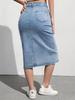 Puffanpop Women's High Waisted Stretchy Denim Midi Skirt - Light Wash Split Front Casual Summer Skirt for Women