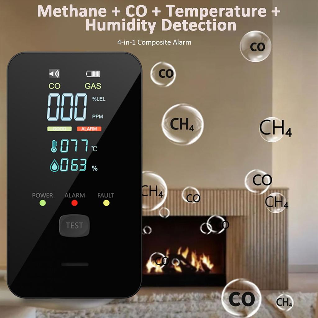 4-in-1 Natural Gas & Carbon Monoxide Detector with HD Display Screen Temperature Humidity Sensor Gas Leak Alarm Device For Home