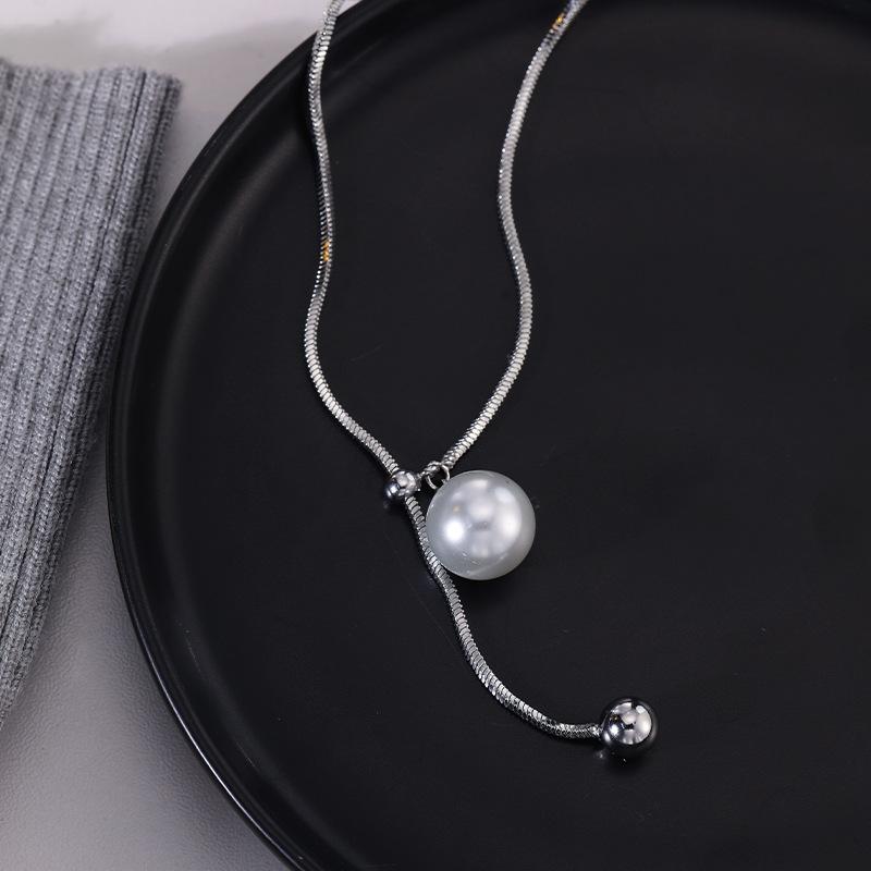 Fashion Zinc Alloy Color Pearl Tassel Necklace For Women Simple Metal Snake Bone Chain Pull Adjustable Sweater Chain Zircon Gifts
