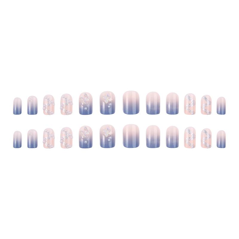 24PCS- Fake Nails Short Detachable Finished Fingernails Sparkling Butterflies Wearable False Nails press on Square Head Full Cov