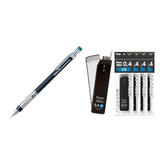Pentel Graphlet Mechanical Pencil PG504-DD, Pentel Ain 0.4mm HB Lead Refills, 5 Count XC284-HB