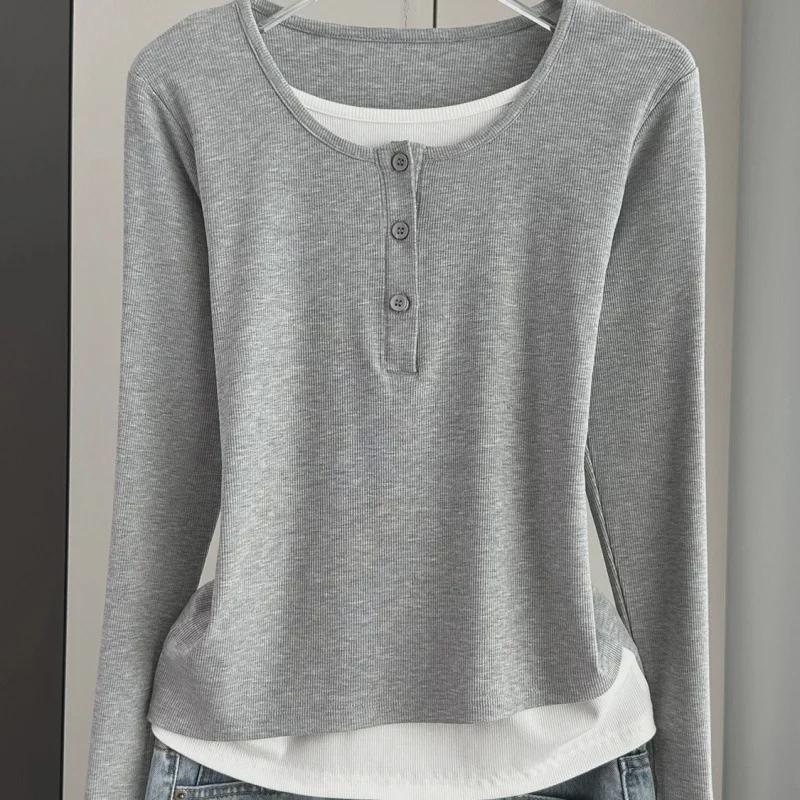 

Женская серая футболка с длинным рукавом из двух частей с эффектом потертости – облегающий повседневный топ на весну/осень XL (for 120-135 jin)