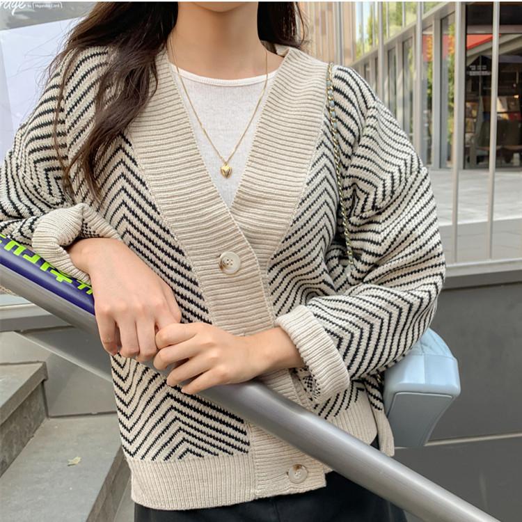 Women's Knitwear Autumn Winter Striped V-Neck Cardigans Buttons Oversize Lady Sweaters Vintage Tops